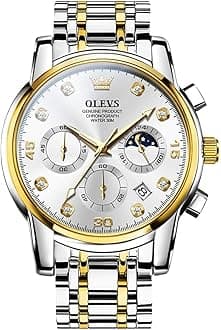 Men's Chronograph Watch, Gold Silver Stainless Steel Analog Quartz Watch, Waterproof Multi-Function Dial with Date Diamond Watches for Men