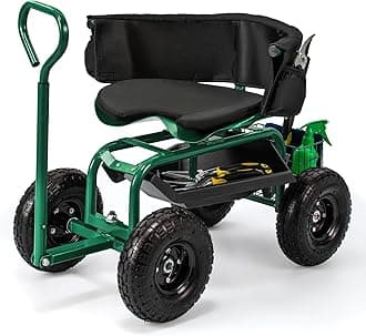 Rolling Garden Cart, 360 Swivel Workseat with 4 Wheels, Removal Cushion & Tool Tray, Storage Basket, Gardening Wagon Scooter with Adjustable Height, Handle (Green)
