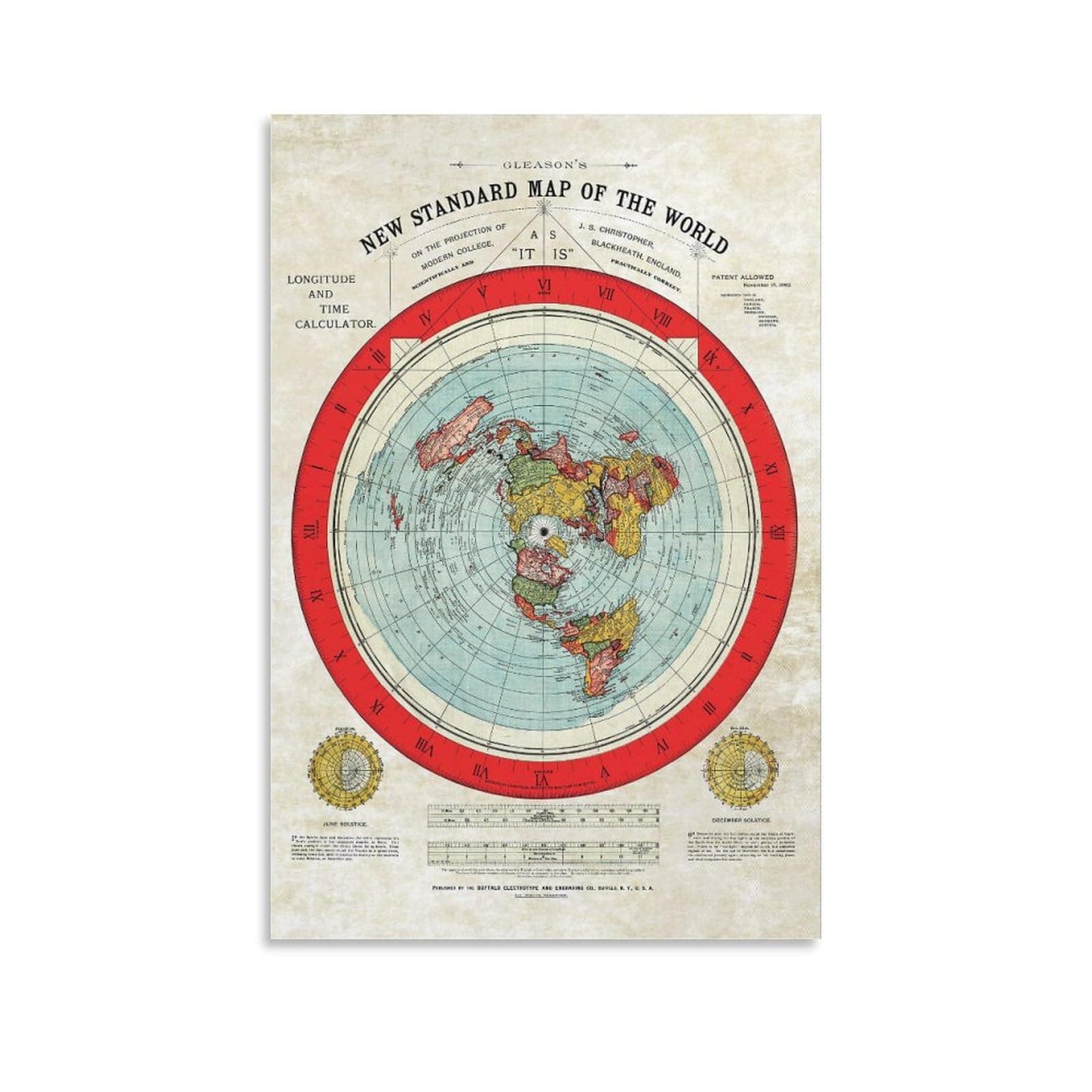 Flat Earth Gleason Map RESTORED EDITION Old Map, Large Map, Antique Decor, Oversize Map Print Canvas Poster Wall Art Decor Print Picture Paintings for Living Room Bedroom Decoration 20x30inch(50x75c
