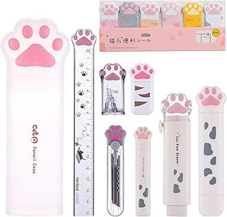 9 Pcs Cute Cat Paw Stationery Set Kawaii School Supplies Including Pencil Sharpener Retractable Eraser Correction Tape Sticky Notes Ruler Mini Scissors Utility Knife for Cat Lovers Students (White)