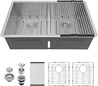 Lordear 33 Double Bowl Kitchen Sink 33x19 Inch Undermount Sink Low Divide Double Bowl 50/50 16 Gauge Stainless Steel Sinks Basin Handmade