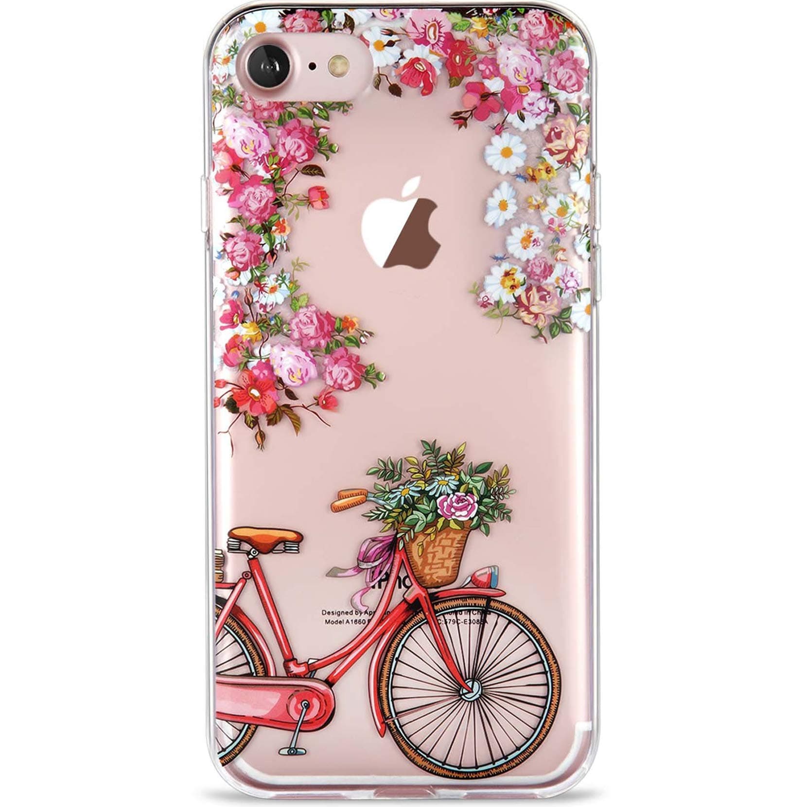 LUMARKE iPhone SE2 Case 2020,iPhone 7 Case,iPhone 8 Clear Case with Design for Girls Women,Soft Rubber Silicone Cover Protective Phone Case for iPhone 7/iPhone 8/New iPhone SE2 Floral and Bicycle