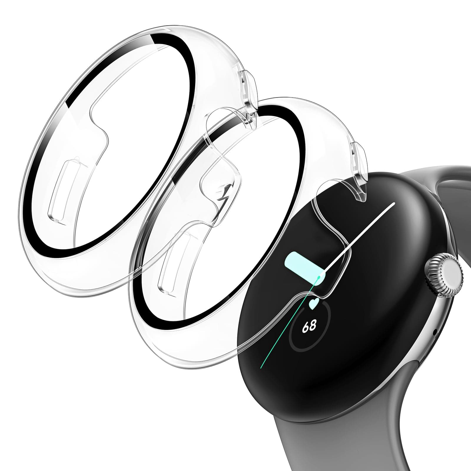 TAURI 2 Pack Hard Case for Google Pixel Watch 3 45mm with 9H Tempered Glass Screen Protector, [Touch Sensitive] [Full Coverage] Slim Protective Case for Pixel Watch 3 45mm