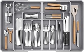 Lifewit Extra Large Cutlery Drawer Organsier, Extendable Utensil Tray for Kitchen, Silverware and Flatware Holder, Compact Plastic Storage for Spoons Forks Knives, 54-91x43cm, 13 Sections, Grey
