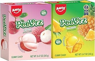 AMOS Peelerz Lychee & Pineapple Gummy Candy, Peelable Fruit-Shaped Candy, 8.47oz Box with 10 Individual Packs – Fun Peeling Gummy Snack Made with Real Juice (2-Box Bundle)