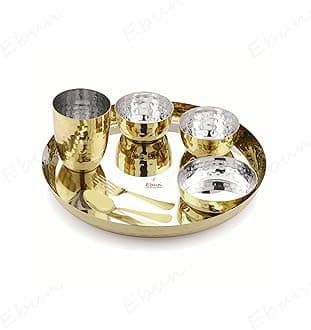 Ebun Heavy Gauge Stainless Steel Hammered Dinner Set | Gold PVD Plated Steel Thali Set | Stainless Steel Dinner Set for Kitchen | Thali Set for Dinner | Pack of 1 | 7 Pieces | Gold PVD Plated