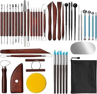 Amrules Clay Tools Kit, 43 PCS Red Pottery Tools, Practical Polymer Clay Sculpting Tools Kit, Air Dry Clay Tools Set for Adults, Pottery Craft, Dotting, Carving, Drawing, Molding, Modeling, Shaping