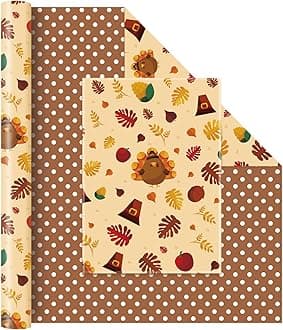 WERNNSAI Fall Wrapping Paper Roll - 1 Roll 17” x 33 ft Brown Turkey Wrapping Paper Autumn Forest Design Thanksgiving Gift Wrap Favor Fall Festival Holiday Supply for Kids