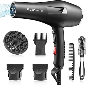 Faszin Ionic Salon Hair Dryer, Professional Blow Dryer AC Motor Fast Drying with 2 Speed, 3 Heat Setting, Cool Button, with Diffuser, Nozzle, Concentrator Comb for Curly & Straight Hair-Black