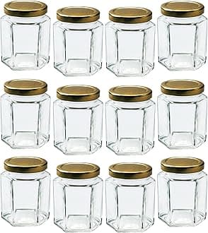 Offer Shop Jam Glass Jars with Lids & Labels - 12 Hexagonal 280ml Storage Jars of Quality Jam Jar | Ideal for Kitchen & Pantry Organization for Spice Honey Yogurt or Sweets | Airtight and Reusable