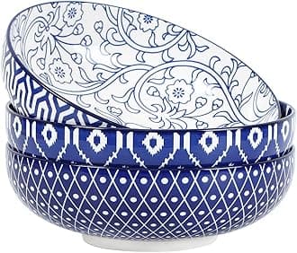9.5" Serving Bowls, 60 OZ Large Salad Bowls Set of 3 for Entertaining Party, Ceramic Bowls for Kitchen, Pasta, Soup, Dinner, Vintage Blue