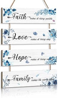 KAIRNE Inspirational Quotes Wall Art,Blue Flower Wooden Sign for Living Room,Motivational Wall Art Faith Hope Love Family,Vintage Wooden Plaque,Blue Bedroom Accessorie,Positive Poster For Kids Room
