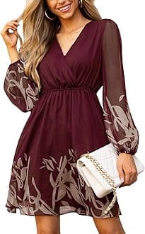 CUPSHE Women's Mini Dresses Casual Spring V Neck Chiffon Long Peasant Sleeves Flowy Autumn Dress