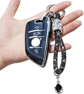Yumzeco Car Key Case Compatible with BMW with Bling Diamonds Keychain,4 Buttons Remote Key Case for 2 3 5 7 X1 X3 X4 X5 X6 M5 Series,TPU Silicone KeyCase Cover BMW Keyless KeyProtector-Black