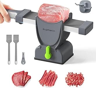 SupMaKin Fresh Meat Slicer, Thickness Adjustable 2 or 4 mm, 17 IN 1 Stainless Steel Manual Meat Cutter, Cleaver Kitchen Knife, Jerky Slicer Suit for Chicken Breast Beef Pork (Gray)