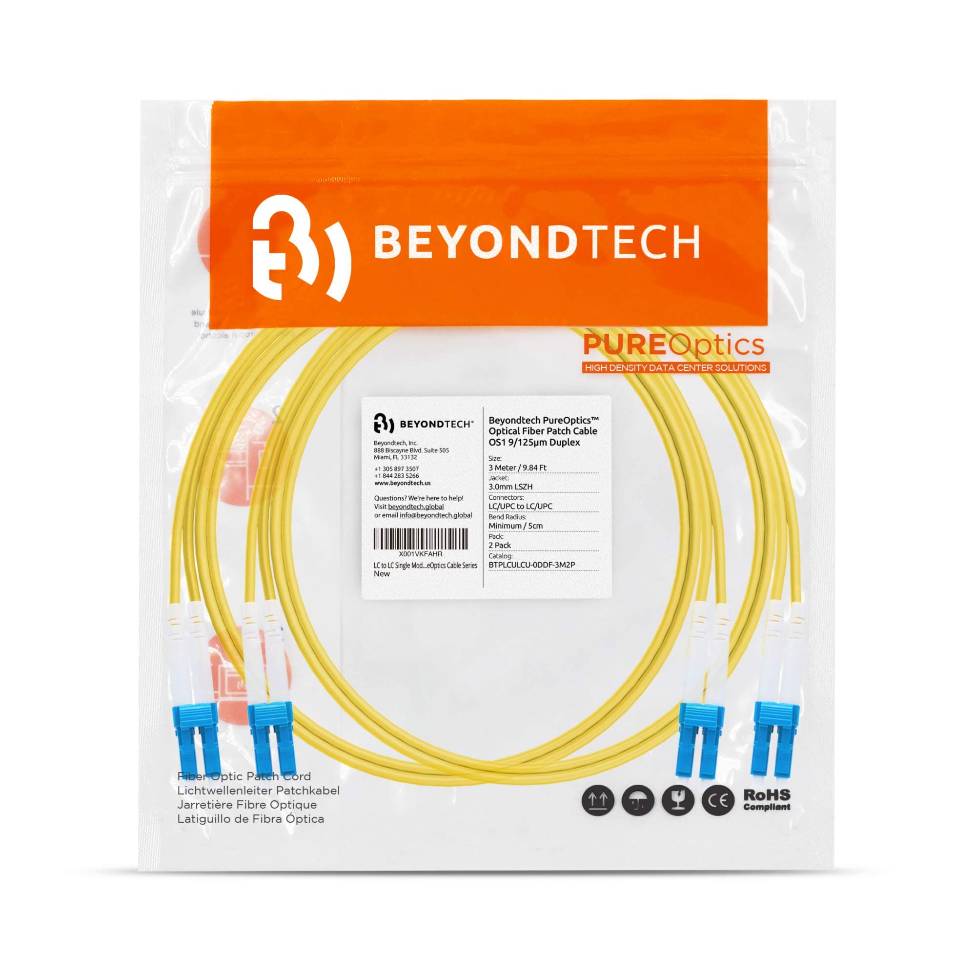 BEYONDTECH 3m (9.84ft) LC to LC Fiber Patch Cable – (2 Pack) UPC Single-Mode Duplex Fiber Optic Cable – 9/125µm core, Compatible with OS1 & OS2 – LSZH PUREOptics Series