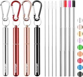 Cruise Ship Essentials,4-Pack reusable Collapsible Stainless Steel Drinking Straws with Aluminum Case,Cleaning Brush,and Keychains (Black&rose gold&silver&red)