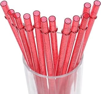 Dakoufish BPA-Free 12 Piece 11 Inch Reusable Clear Plastic Glitter Sparkle Drinking Straw Plus one Cleaning Brush (Red,11inch)