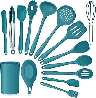 E-far Teal Blue Kitchen Utensils Set, 15-Piece Silicone Cooking Utensils with Holder, Non-stick Cookware Friendly & Heat Resistant, Includes Ladle Spatula Spoon Slotted Turner for Cooking & Baking