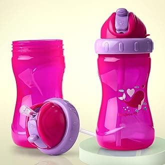Baybee Zoo Baby Straw Sipper Bottle 340ml | Anti Spill Sippy Cup with Soft Silicone Straw BPA Free & Non Toxic for Baby/Kids/Infant/Toddler of 6+ Months | Soft Silicone Spout Sipper Water Bottle(Pink)