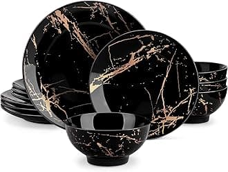 12 Piece Porcelain Dinner Set for 4 People Black and Gold Dishwasher and Microwave Safe