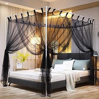 Mengersi Simple 4 Corner Post Bed Canopy Curtains Quick Easy Installation with Buttons(Full, Black)