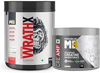 Pre Workout WrathX with Creapure, Nitroblaze & BioPerine (Fruit Fury, 340g, 20 Servings) & Creatine Monohydrate CreAMP (100g, Unflavoured)