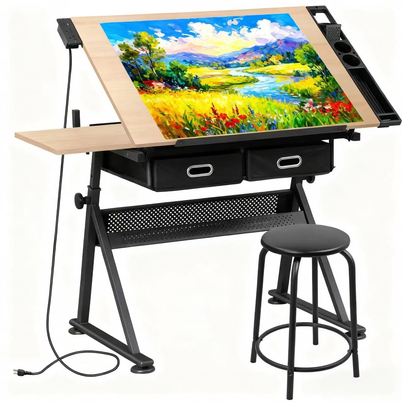 Adjustable Drafting Table with Stool, Tilting Drawing Desk Artist Table with Storage Drawers, Art Craft Workstation for Home Office Reading, Writing, Crafting (Brown-with Outlet)