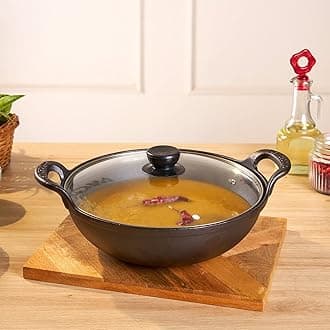 HomeEssentials Cast Iron Kadai with Glass Lid | Pre Seasoned Iron Wok with Handles and Flat Base | Iron Wok for Cooking | Uncoated Kadai for Electric Induction (25cm) Black