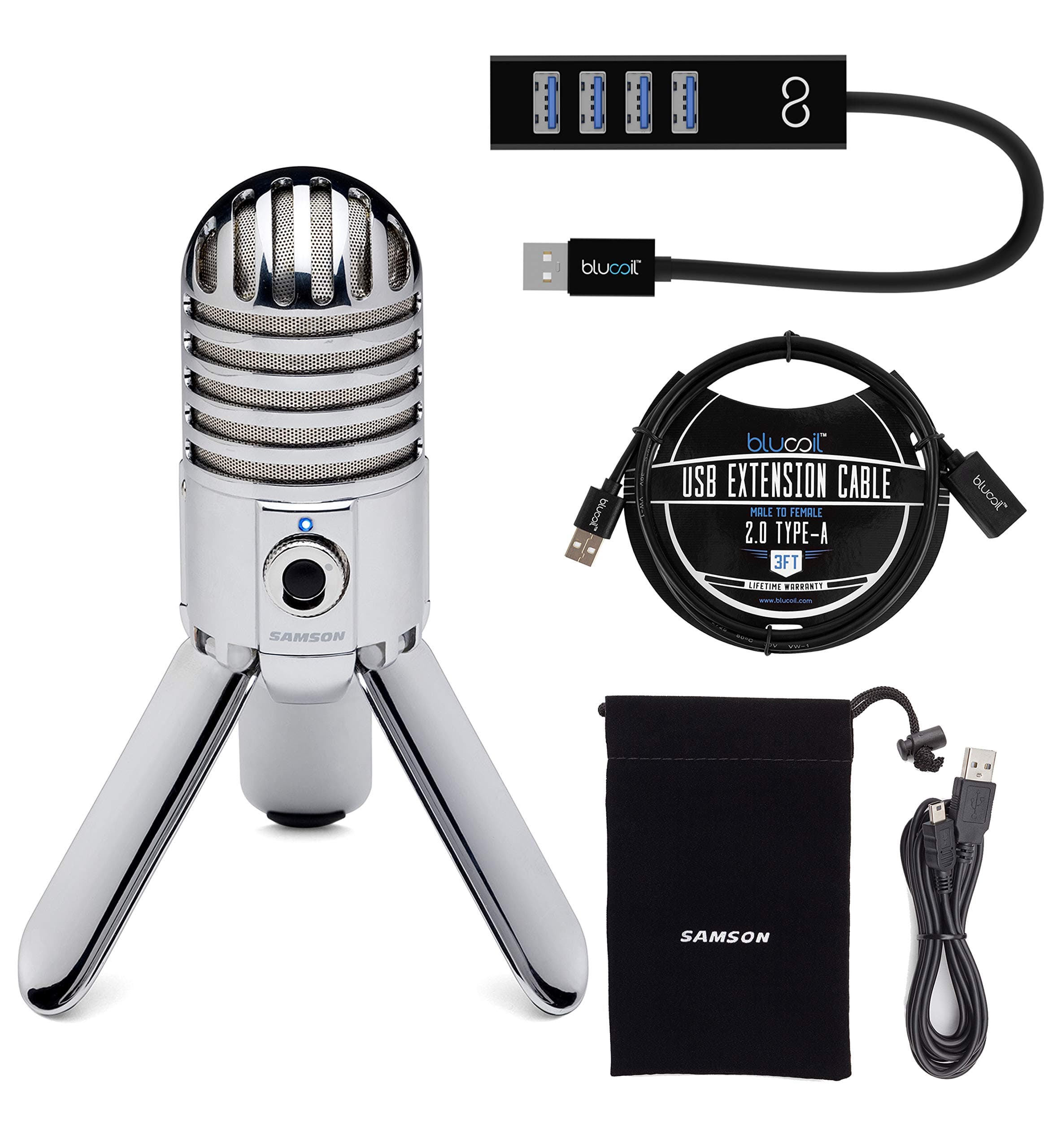 SAMSONMeteor Mic USB Studio Condenser Microphone with Mute Switch for Windows and Mac (Chrome) Bundle with Blucoil 3-FT USB 2.0 Type-A Extension Cable, and Mini USB Type-A Hub with 4 USB Ports