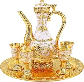 Vintage Turkish Coffee Pot and Cups Set,Teapot Tea Service Set Including 4 Metal Cups and Tea Tray for Tea Table Decor,Wedding Ornament (White and Gold)