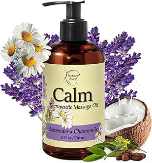 Brookethorne Naturals Calm Massage Oil with Lavender & Chamomile Essential Oils to Relax Sore Muscles - for Massage Therapy & Home use – with Coconut, Grapeseed & Jojoba Oils for Smooth Skin– - 8oz