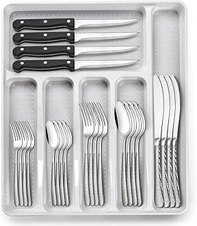49-Piece Hammered Silverware Set with Organizer, Food-Grade Stainless Steel Flatware for 8, Cutlery Utensil Sets with Steak Knives, Rust-proof, Mirror Polished, Dishwasher Safe, Round Hammered