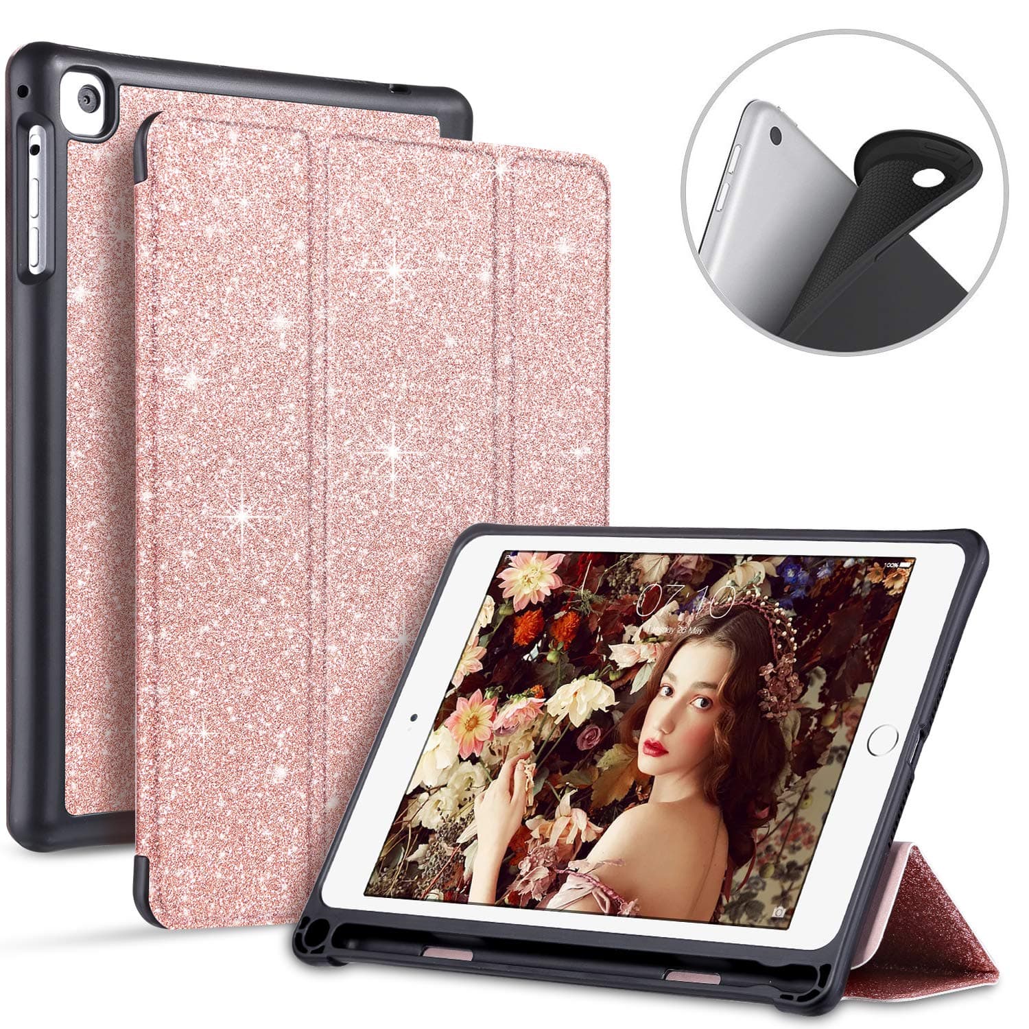 iPad Mini Case, iPad Mini 2 Case, iPad Mini 3 Case, iPad Mini 4 Case, UARMOR Sparkly Bling Glitter Smart Cover Auto Sleep Wake Folio Flip Case with Apple Pencil Holder for iPad Mini 1/2/3/4, Rose Gold