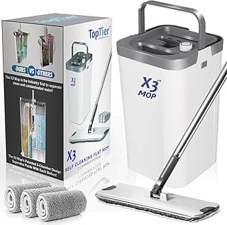 X3 Mop, Separates Dirty and Clean Water, 3-Chamber Design, Flat Mop and Bucket Set, Hands Free Home Floor Cleaning, 3 Reusable Microfiber Mop Pads Included