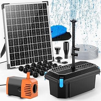 POPOSOAP 30W Solar Pond Filter with Fountain Pump, Pond Filters for Outdoor Ponds with 430GPH Pond Pump & 4 Fountain Heads and 6.5Ft PVC Tubing for Garden Water Features Waterfall Koi Pond P3303