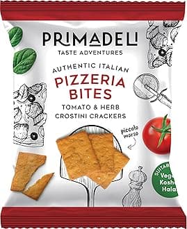 Primadeli - Crisp and Delicious Tomato & Herb Crostini Crackers - Pizzeria Bites - Vegan - 25g x 16 bags (25g (Pack of 16), Pizzeria Bites)