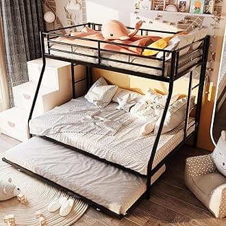 SUNLEI Metal Loft Bed with 2 Secured Ladders, Bunk Bed Twin Over Full with Trundle, Trundle Beds Twin Safety Guard, Space-Saving, Noise Free for Small Bedroom, (Black, Twin Over Full)