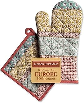 Maison d'Hermine 100% Cotton Pot Holders and Oven Gloves Set (19 x 33 cm and 20 x 20 cm) Heat Resistant Gloves with Loop for Handling Hot Pans San Easter Decorations