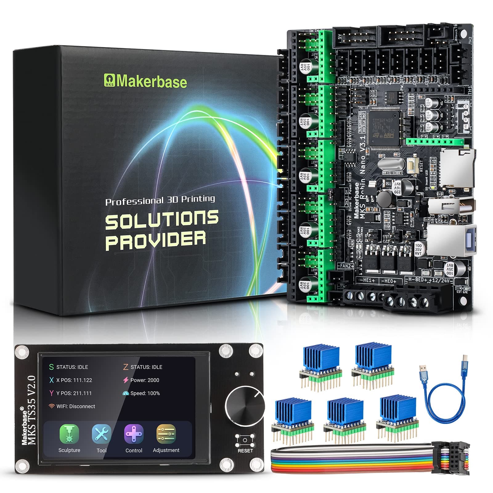 MakerbaseMKS Robin Nano 32Bit Control Board 3D Printer Parts Based on Marlin2.x Klipper 3.5inch TS35 Touch Screen with 5pcs TMC2209 uart Support WiFi Module (Nano V3)