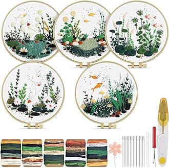 TINDTOP 5 Pack Embroidery Kit for Adult Beginners, Embroidery DIY Starter Kit, with Fish World Stamped Patterns, Hoop, Tools, Colorful Threads with Needles, Instructions