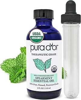 PURA D'OR Organic Spearmint Essential Oil (4oz with Glass Dropper) USDA Certified 100% Pure & Natural Therapeutic Grade Diffuser for Aromatherapy, Focus, Concentration, Mood Uplift