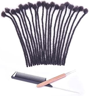 0.4cm Width 10 Inch 30 Strands 100% Human Hair Loc Extensions, Full Handmade Dreadlock Extensions for Men Women Kids Can Be Dyed and Bleached with Needle and Comb Unprocessed Natural Black