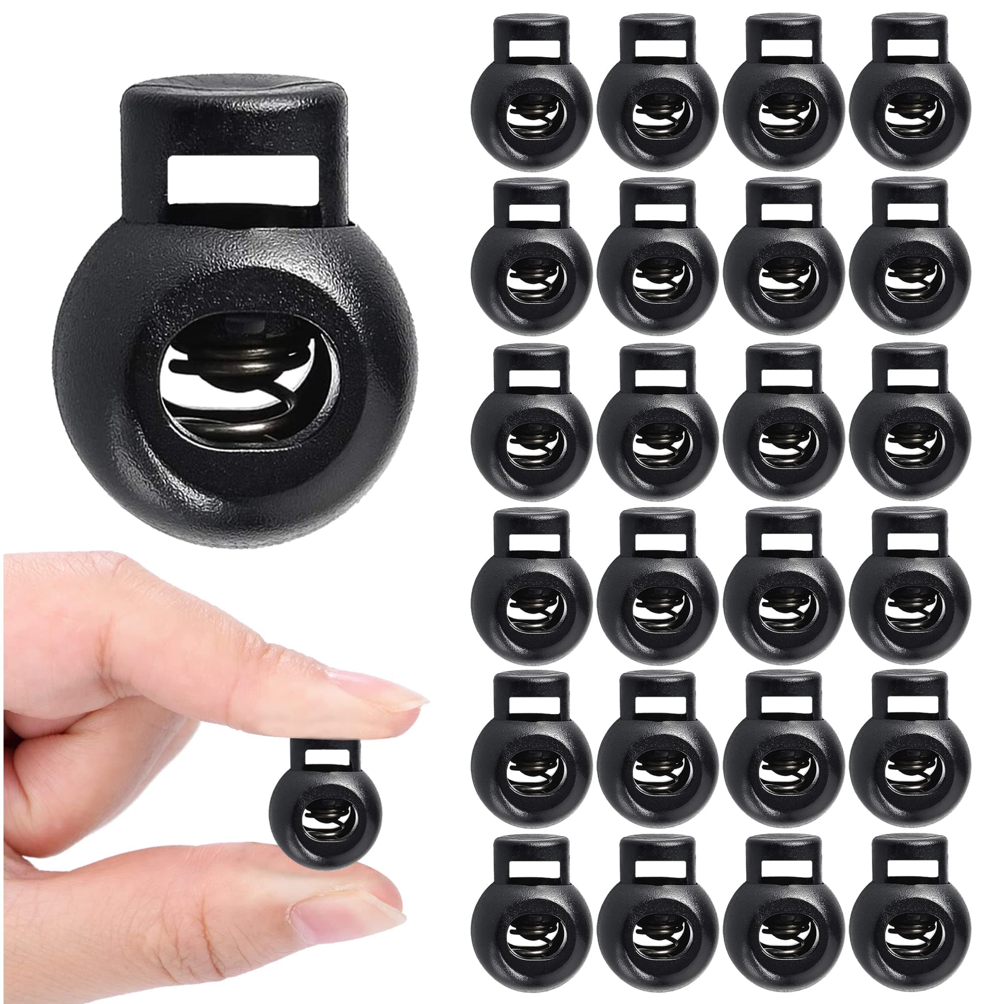 24 Pcs Single Hole Spring Cord Locks Plastic Round Toggle Stoppers Sliding Cord Fastener Slider for Drawstring Rope Paracord End Rucksack Craft (24)