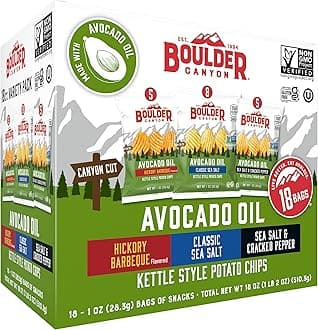 Boulder Canyon Avocado Oil Kettle Style Potato Chips Variety Pack, 18 Count - Gluten-Free, Non-GMO, Hickory Barbecue, Classic Sea Salt, Sea Salt & Cracked Pepper (1 oz Bags)