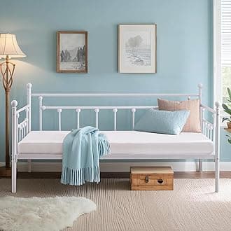 VECELO Twin Size Daybed Frame Metal Steel Slat Support with Headboard Sofa Bed Platform for Living Room, Guest Room, Easy Assembly, White