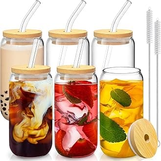 - 16 Oz Drinking Glasses with Bamboo Lids and Glass Straw - 6 Pcs Glass Cups Beer Ice Coffee Glasses Cute Aesthetic Cup Great for Coffee Bar Accessories Include 2 Cleaning Brushes
