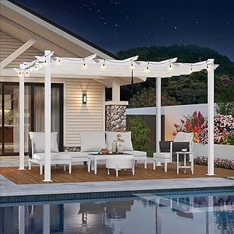 PURPLE LEAF 10' x 13' Outdoor Aluminum Pergola White Heavy-Duty Retractable Pergola Patio Metal Pergolas with Double Sun Shade Canopy and String Lights for Backyard Gardens Deck, White