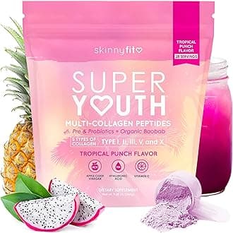 Super Youth Collagen for Women - Multi Collagen Peptides Powder - Probiotics, Fiber, Hyaluronic Acid - Non GMO, Gluten Free, Sugar Free - Beauty & Self Care - Tropical Punch (28 Servings)