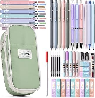 50 PCS Aesthetic School Supplies with Pen Case, 5 Quick Dry Retractable Black Ink Pens, 12 Pastel Highlighters, 6 Pastel Mechanical Pencil Set 0.5 & 0.7 & 0.9 & 2.0 mm for Students Stationary